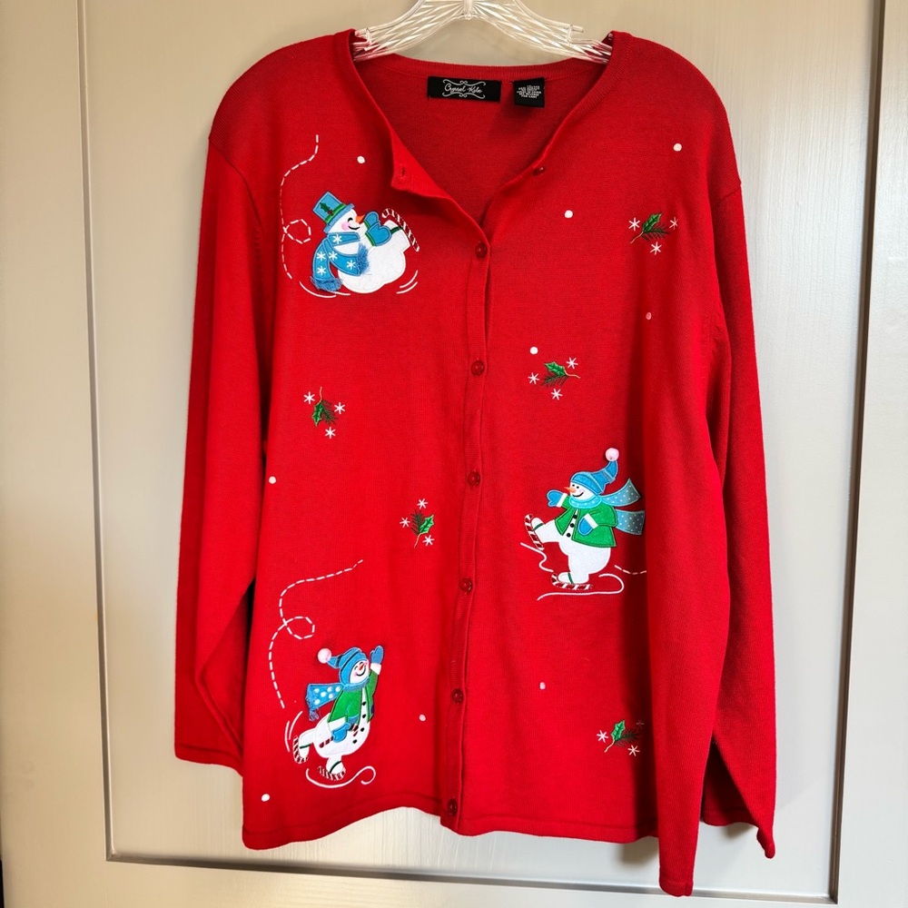 Crystal-Kobe Embroidered Appliqué Christmas Cardigan Sweater Cotton Blend Red 1X